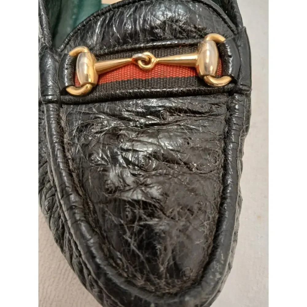 Gucci Horse Bit Loafers Flat‎ Shoes 36 Black Leather Equestrian Red Green Ribbon